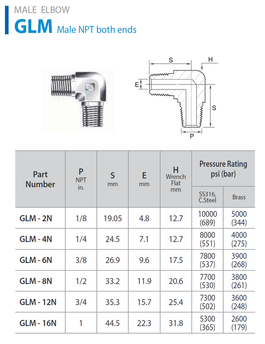 Instrumentation Pipe Fittings - Male Elbow