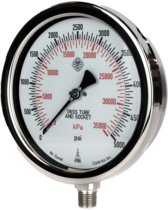 McDaniel Pressure Gauge - H Model - 6" Gauge, 1/2" NPT BTM, 1000 PSI//KPA